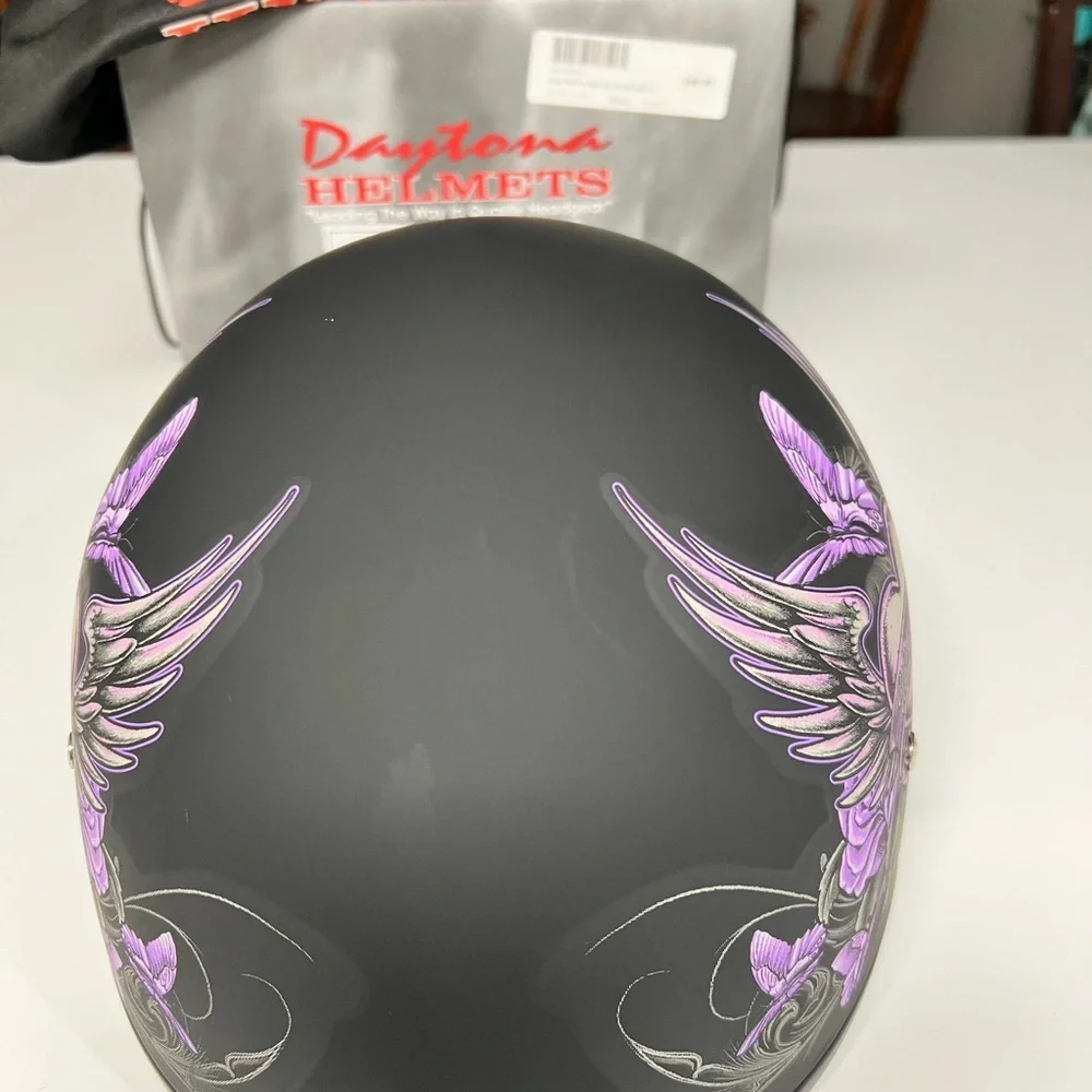 Matte Black Helmet with Purple 'Wild at Heart' Heart & Wings Graphic - Picture 2 of 5
